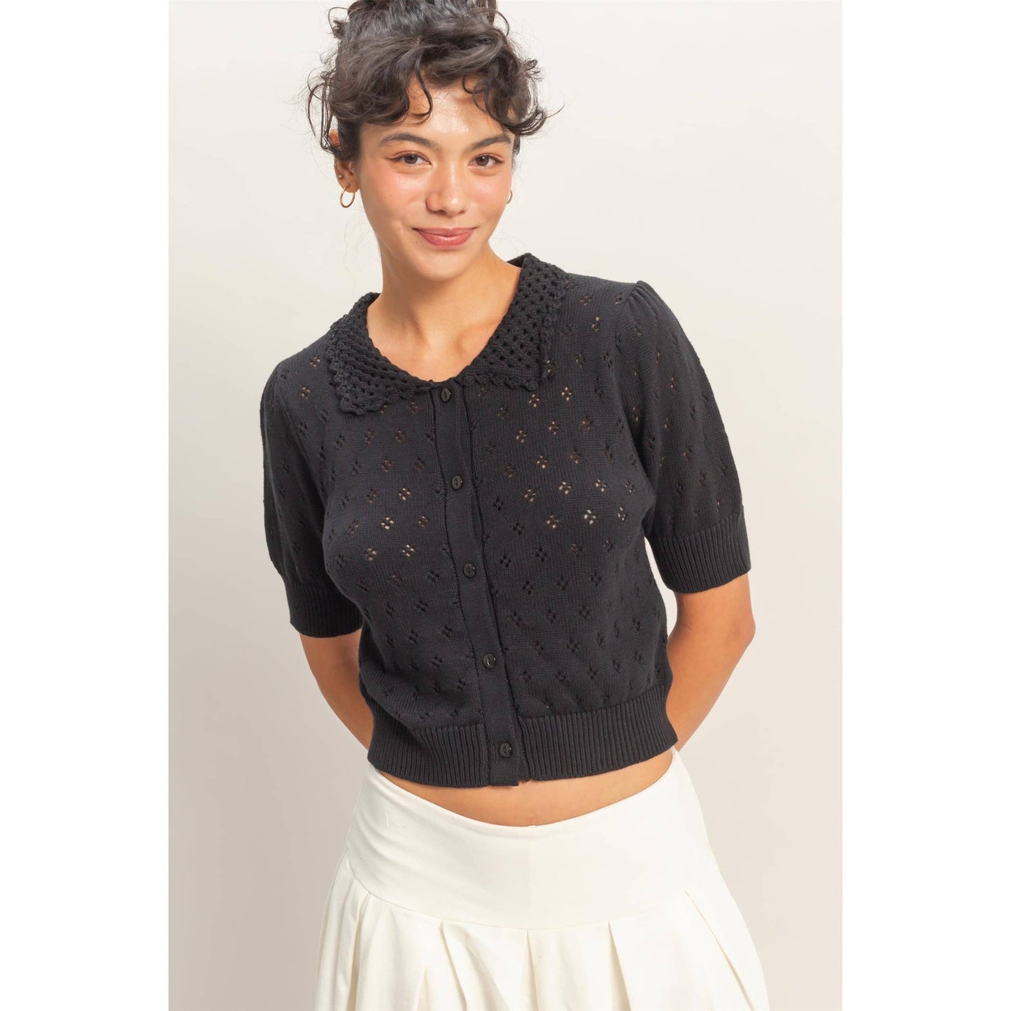 Pointelle Collar Button-Up Puff Sleeve Knit Top