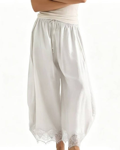 Casual Elastic Waist Lace Hem Loose Wide Leg Ankle Pants