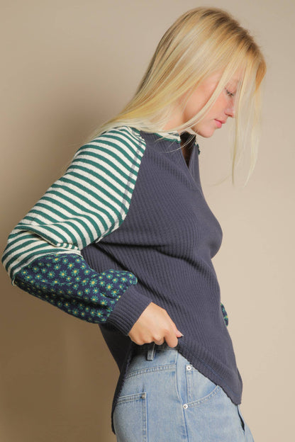 Oversized Floral & Stripe Casual Knit Top