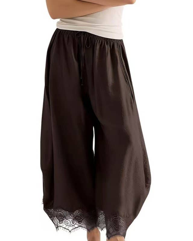 Casual Elastic Waist Lace Hem Loose Wide Leg Ankle Pants