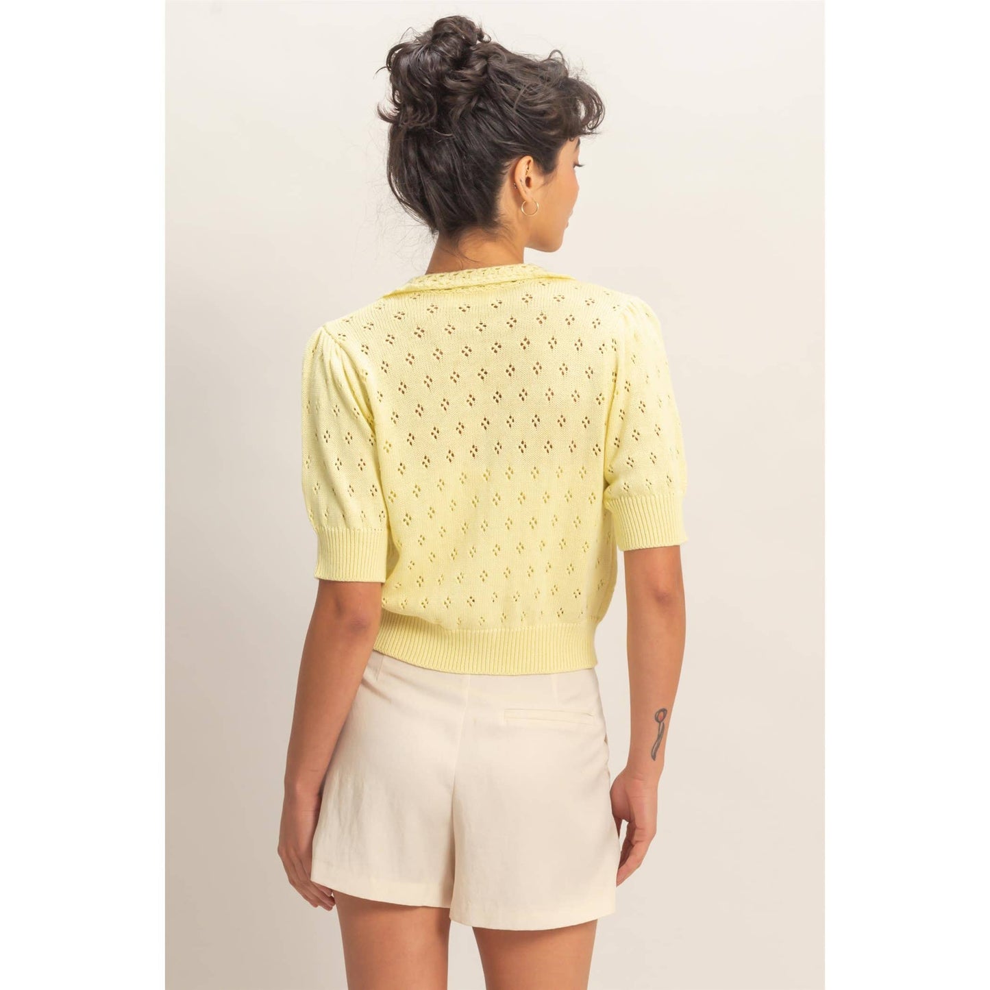 Pointelle Collar Button-Up Puff Sleeve Knit Top