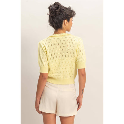 Pointelle Collar Button-Up Puff Sleeve Knit Top