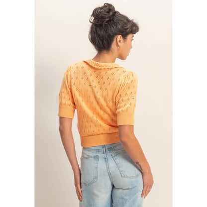 Pointelle Collar Button-Up Puff Sleeve Knit Top
