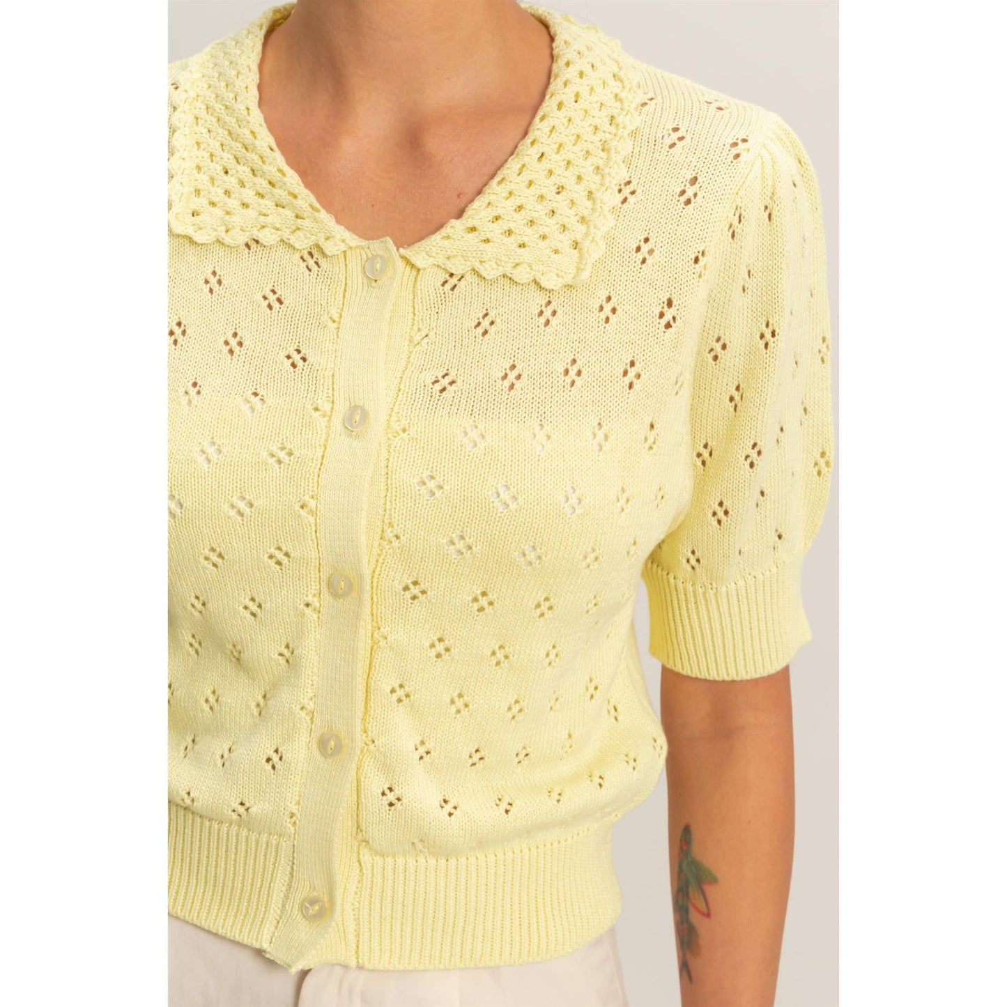 Pointelle Collar Button-Up Puff Sleeve Knit Top
