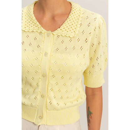 Pointelle Collar Button-Up Puff Sleeve Knit Top