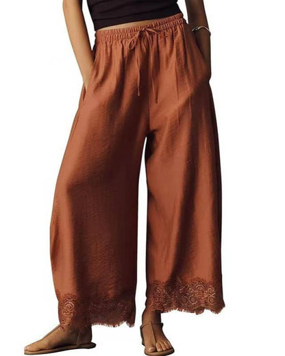 Casual Elastic Waist Lace Hem Loose Wide Leg Ankle Pants