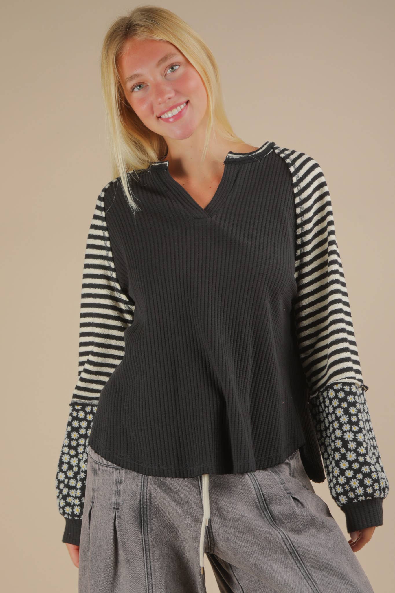 Oversized Floral & Stripe Casual Knit Top