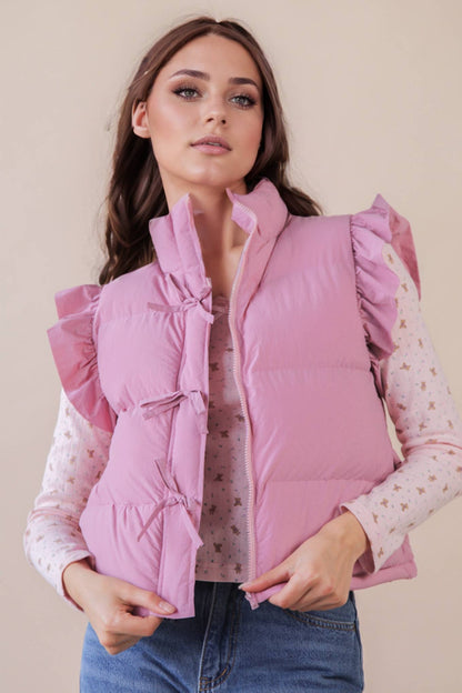 Front Bow Ruffle Sleeve Puffer Vest