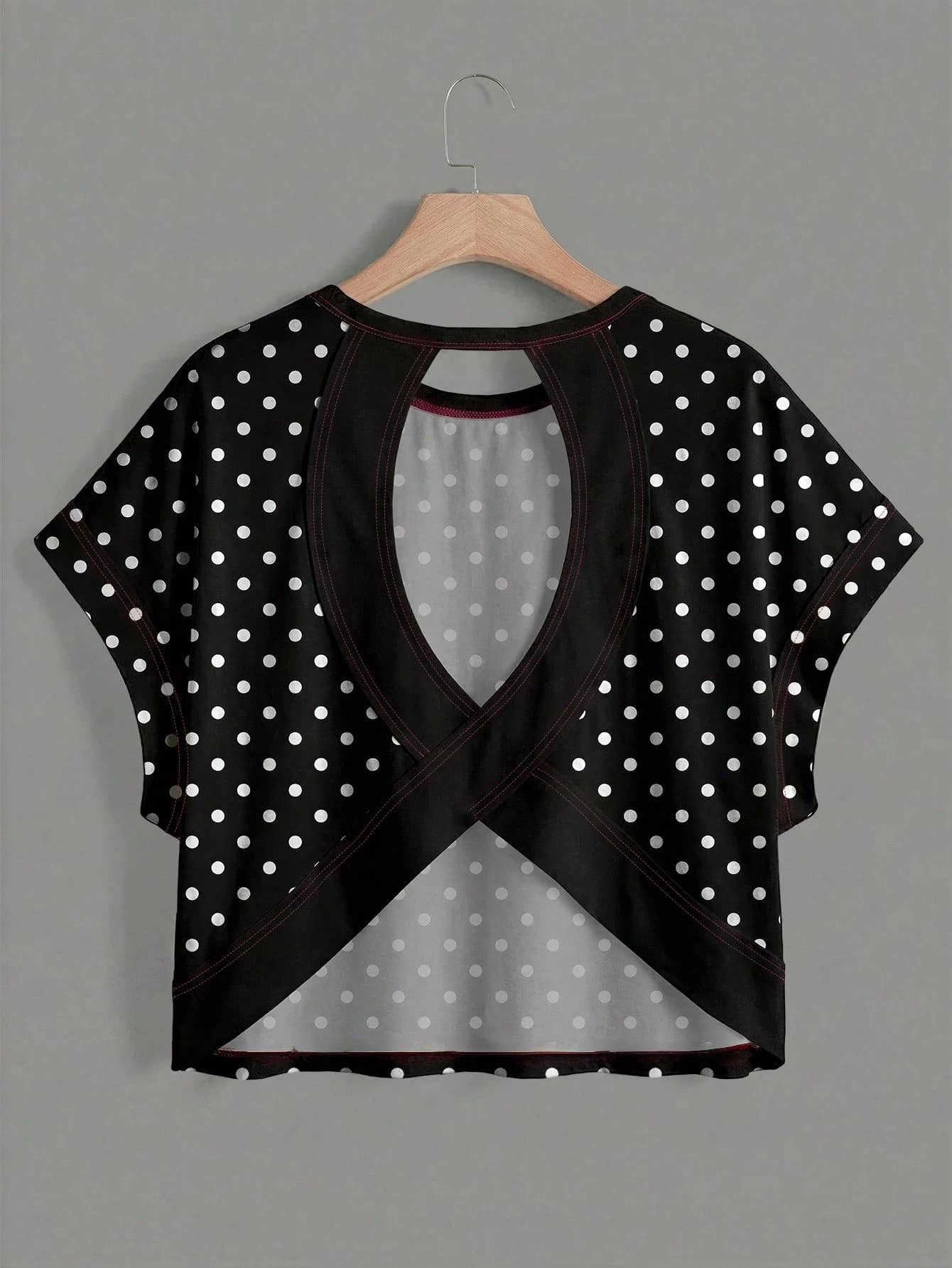 Polka Dots Wrapped Cutout Back Slouchy Tee Workout Shirt