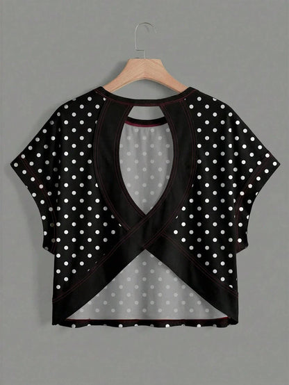 Polka Dots Wrapped Cutout Back Slouchy Tee Workout Shirt