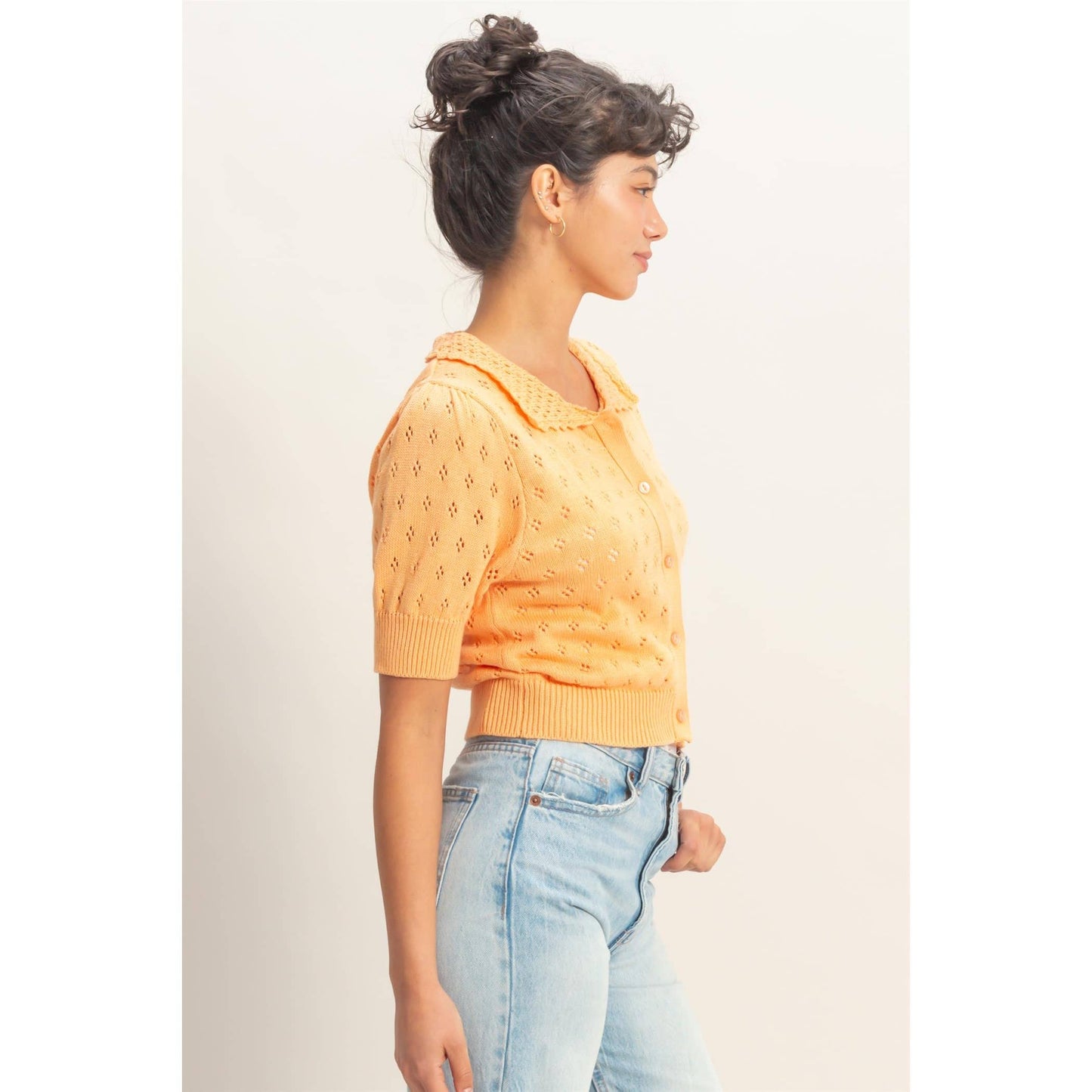 Pointelle Collar Button-Up Puff Sleeve Knit Top