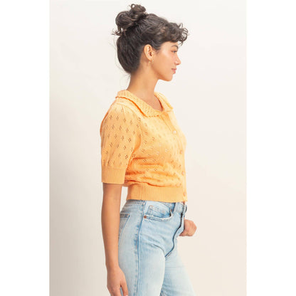 Pointelle Collar Button-Up Puff Sleeve Knit Top