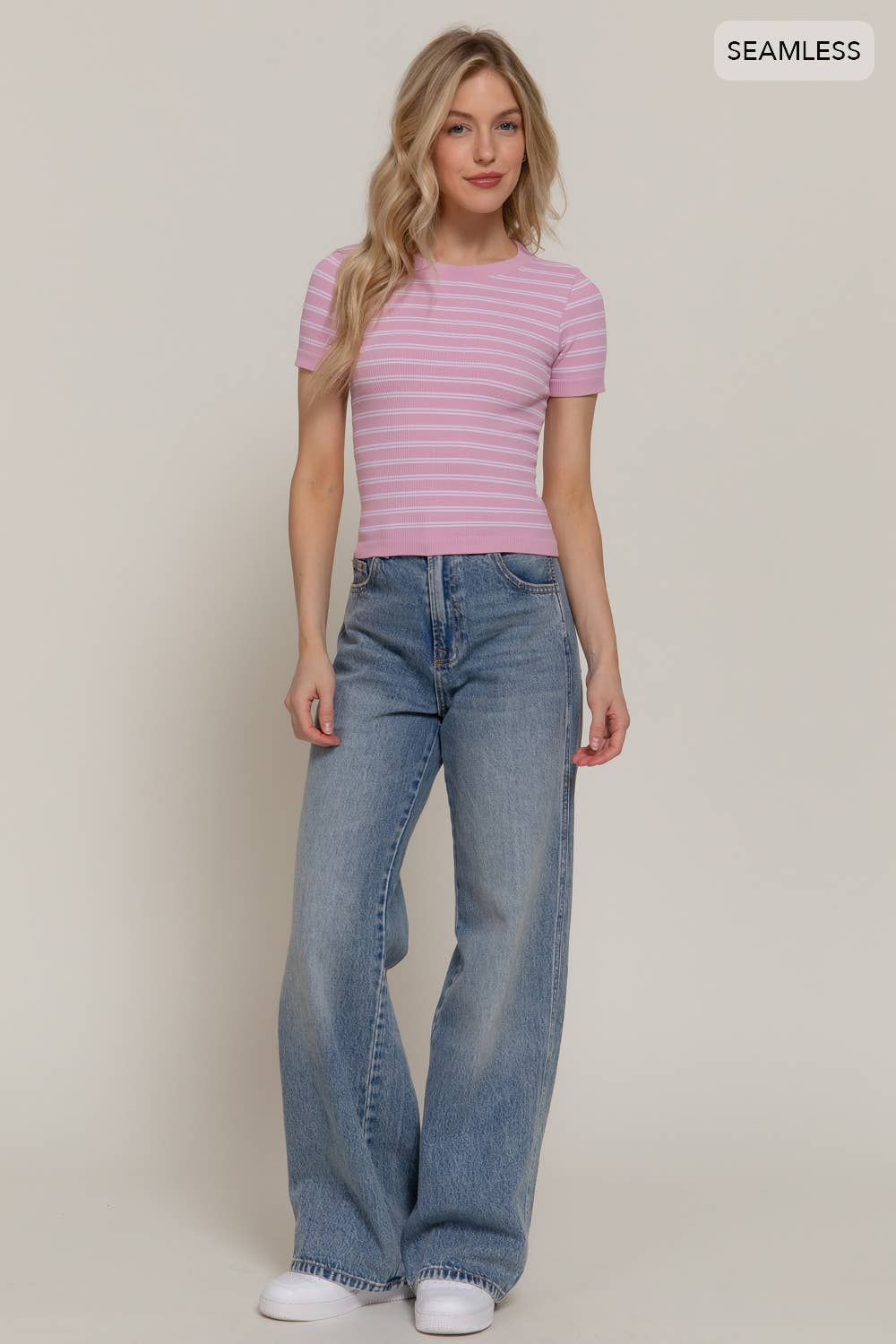 Short Sleeve Crew Neck Striped Seamless Top