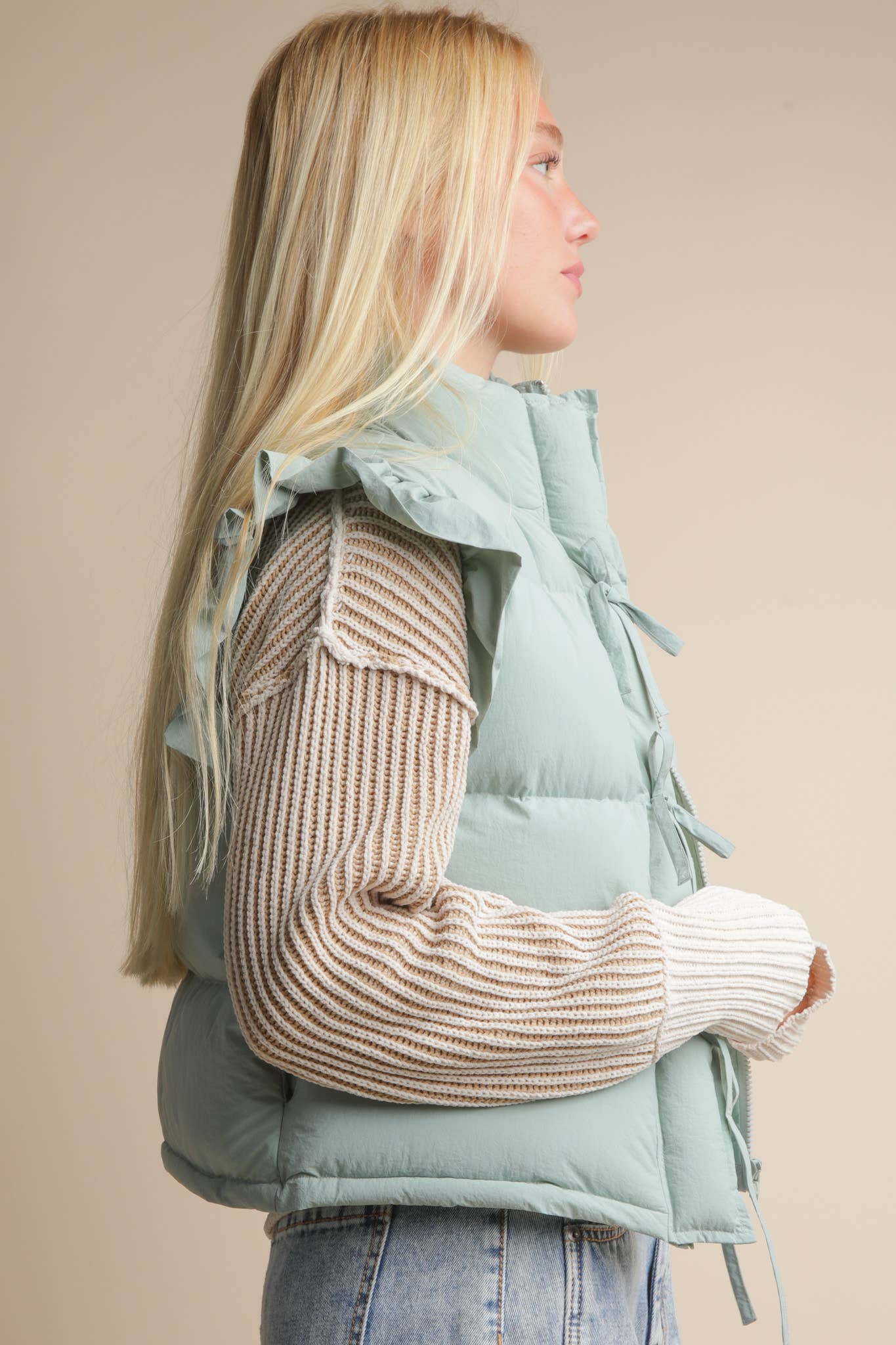 Front Bow Ruffle Sleeve Puffer Vest