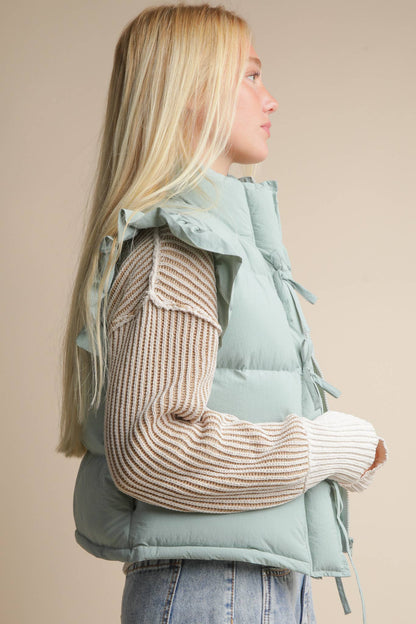 Front Bow Ruffle Sleeve Puffer Vest
