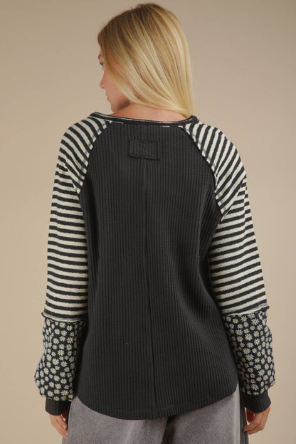 Oversized Floral & Stripe Casual Knit Top