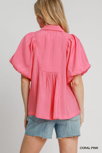 Smocked V-Neck Puff Sleeve Top