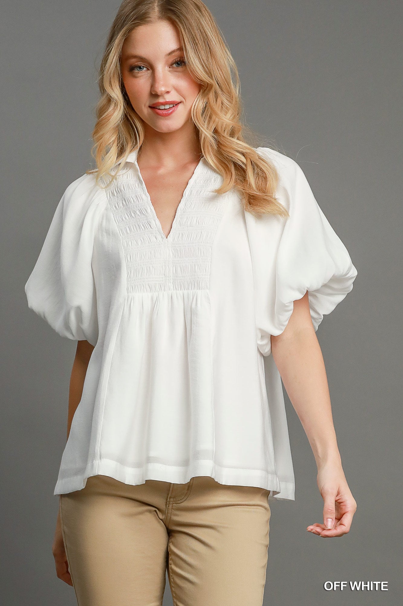 Smocked V-Neck Puff Sleeve Top