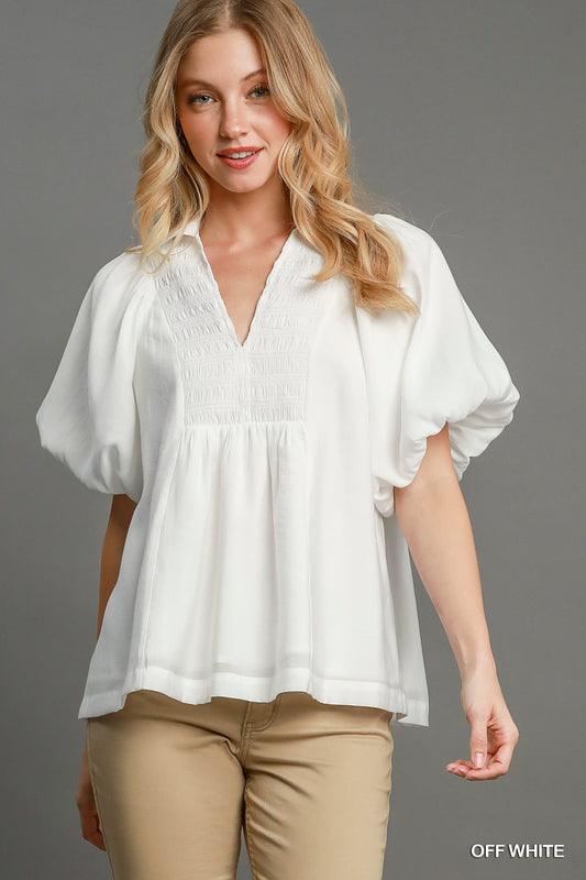 Smocked V-Neck Puff Sleeve Top
