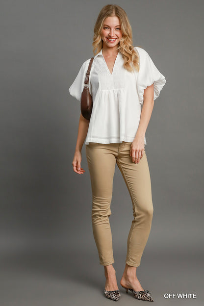 Smocked V-Neck Puff Sleeve Top