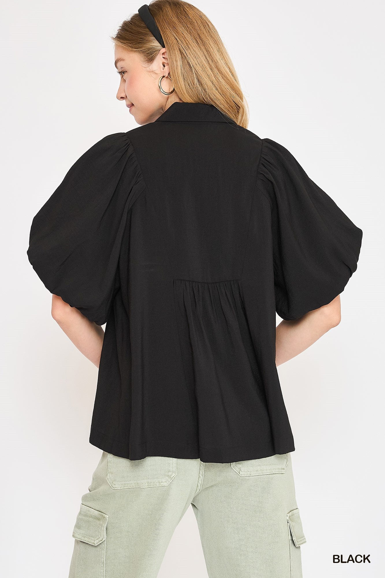 Smocked V-Neck Puff Sleeve Top