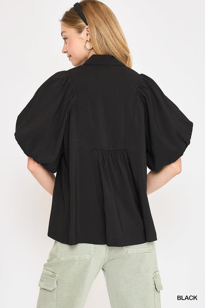 Smocked V-Neck Puff Sleeve Top