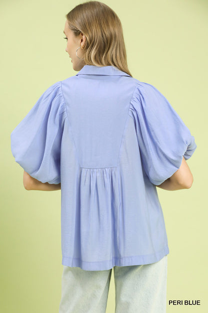 Smocked V-Neck Puff Sleeve Top