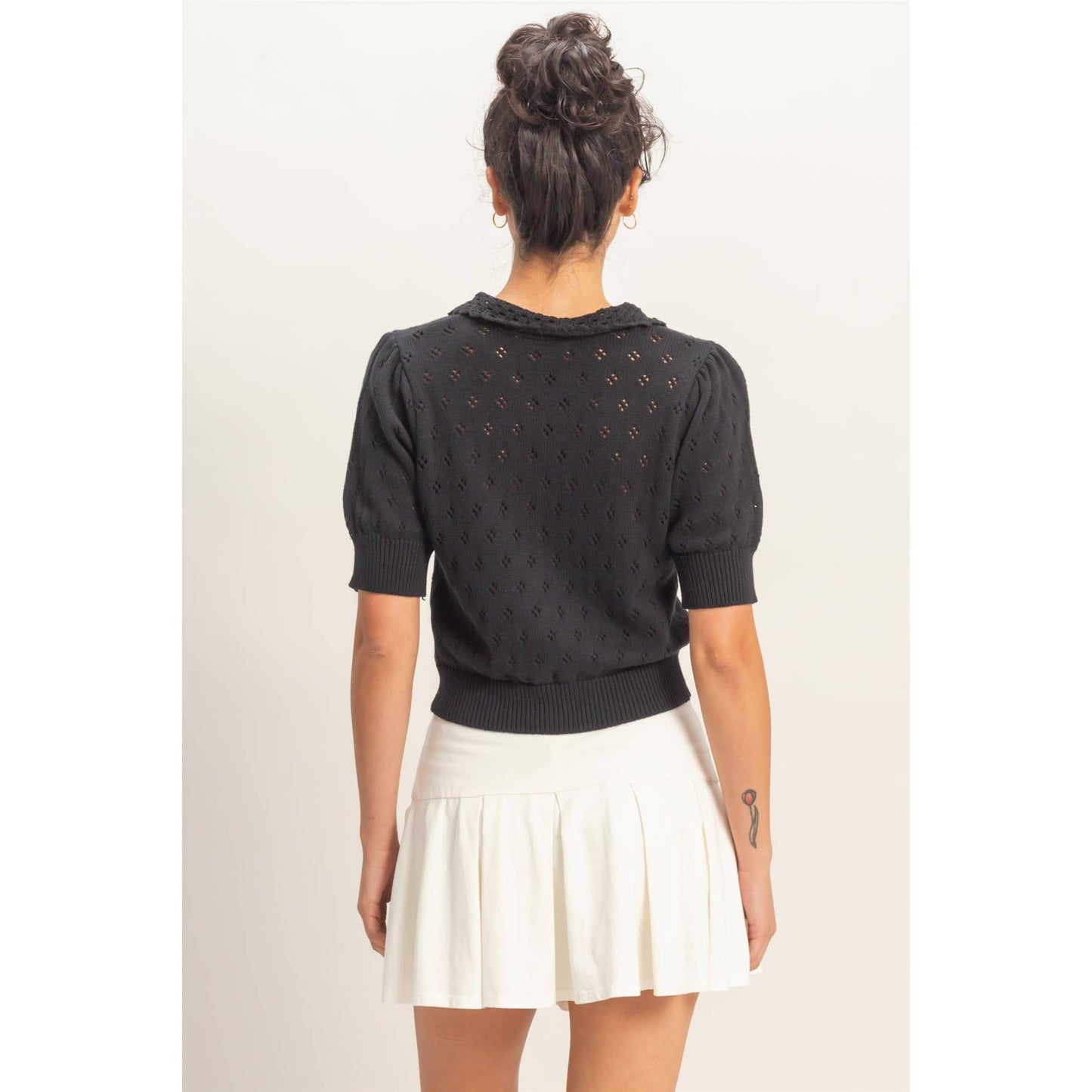 Pointelle Collar Button-Up Puff Sleeve Knit Top