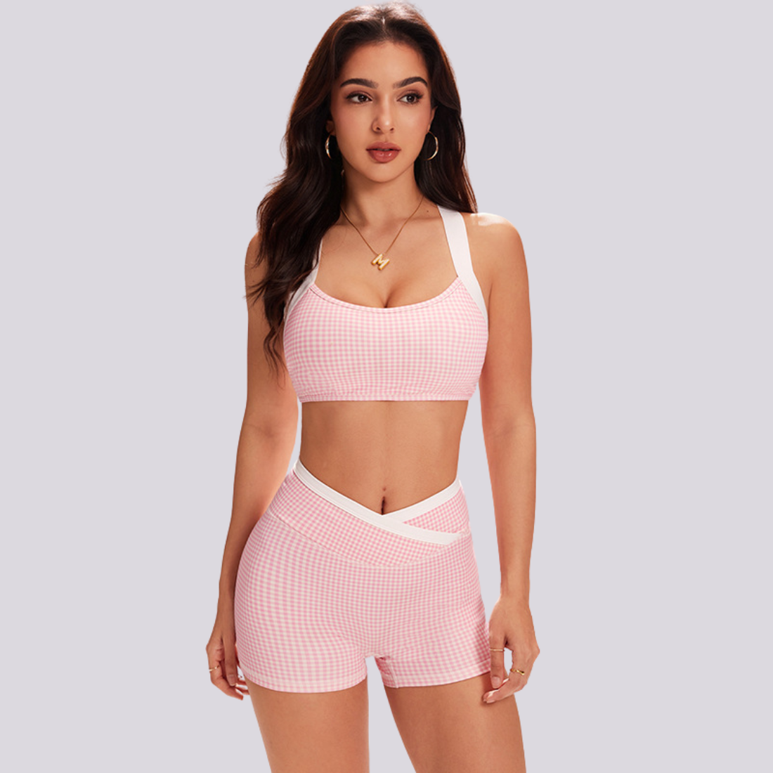Women's Checkered Print Wide Straps Bra And Shorts Sets