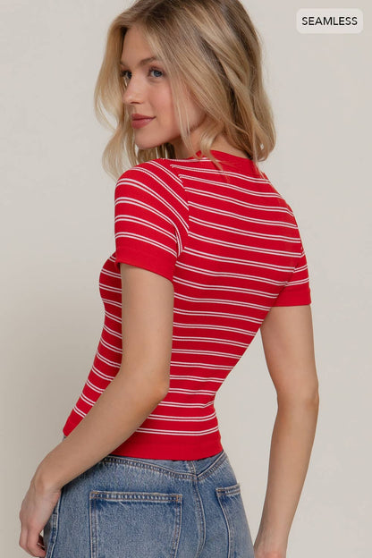 Short Sleeve Crew Neck Striped Seamless Top