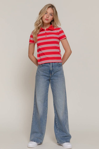 Short Sleeve Multi Striped Polo Top