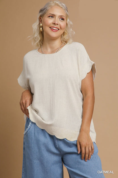 Scallop Hem Linen Blend Top