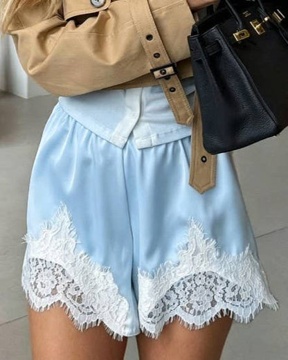 Lace Hem Elastic Waist Solid Loungewear Shorts