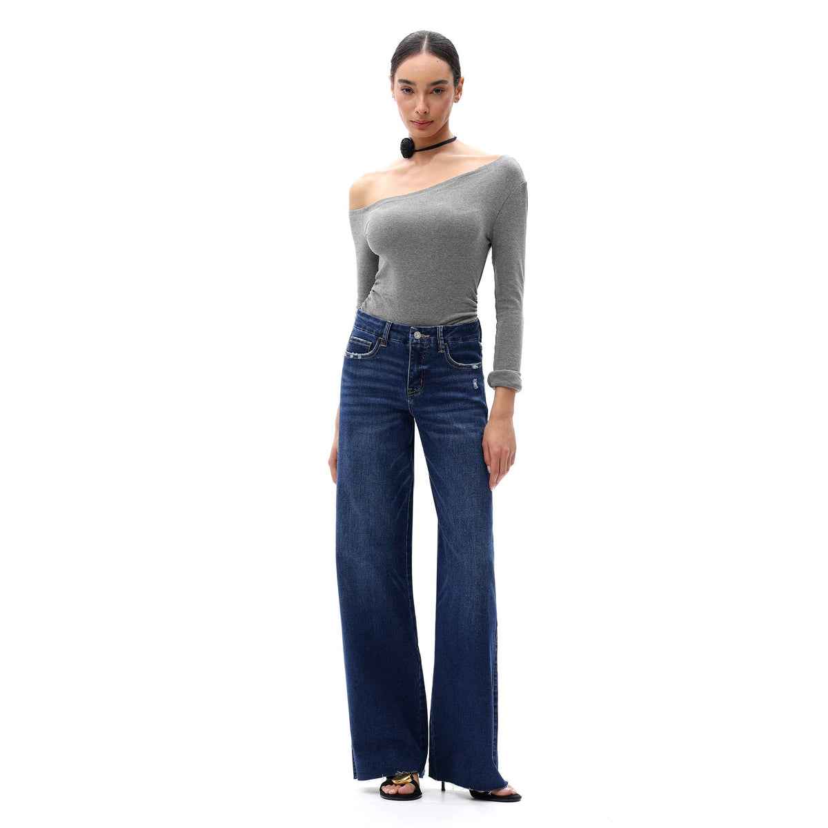 ONESO Mid Rise Wide Leg Jeans Raw Hem Vintage Distressed