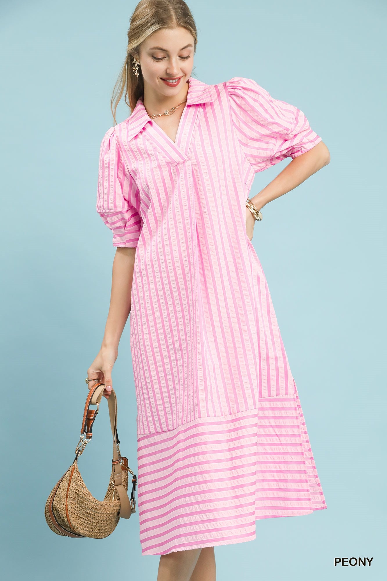 Striped Puff Sleeve Midi Dress