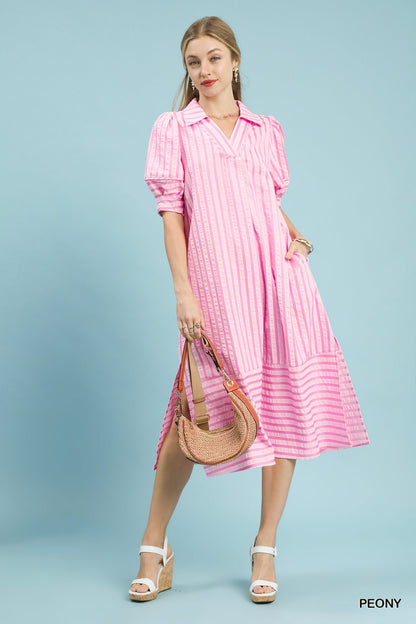 Striped Puff Sleeve Midi Dress