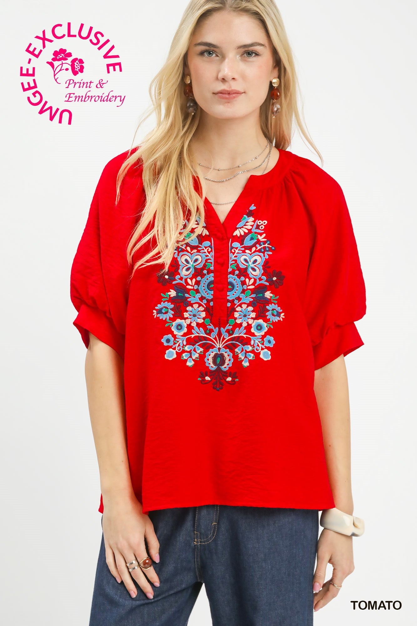 Embroidered Puff Sleeve Blouse