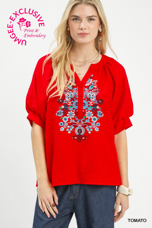 Embroidered Puff Sleeve Blouse