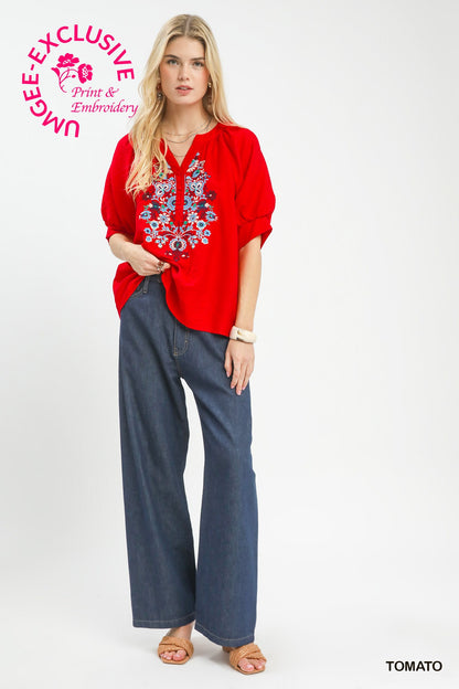 Embroidered Puff Sleeve Blouse