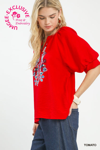 Embroidered Puff Sleeve Blouse
