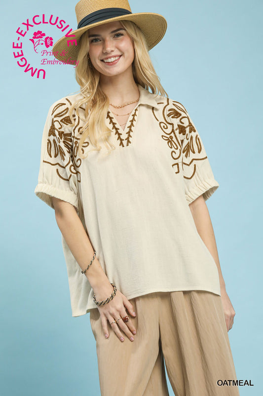 Artisan Bloom Embroidered Sleeve Top