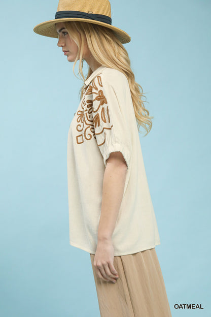 Artisan Bloom Embroidered Sleeve Top