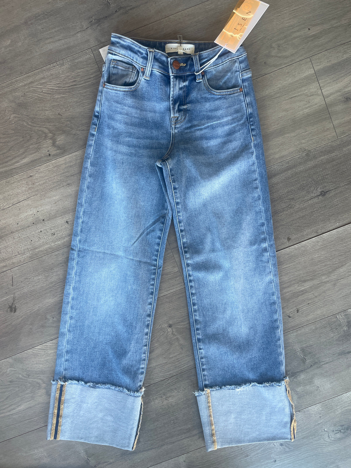 Mid Rise Crop Wide Cuffed Jeans Light Wash by Risen