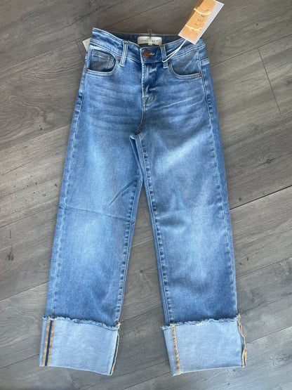 Mid Rise Crop Wide Cuffed Jeans Light Wash by Risen