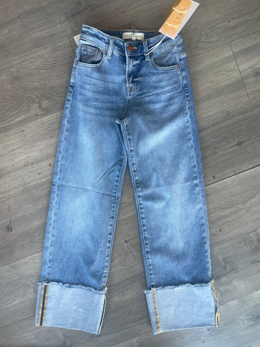 Mid Rise Crop Wide Cuffed Jeans Light Wash by Risen