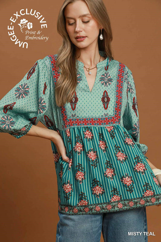 Mixed Floral Border Print Babydoll Blouse