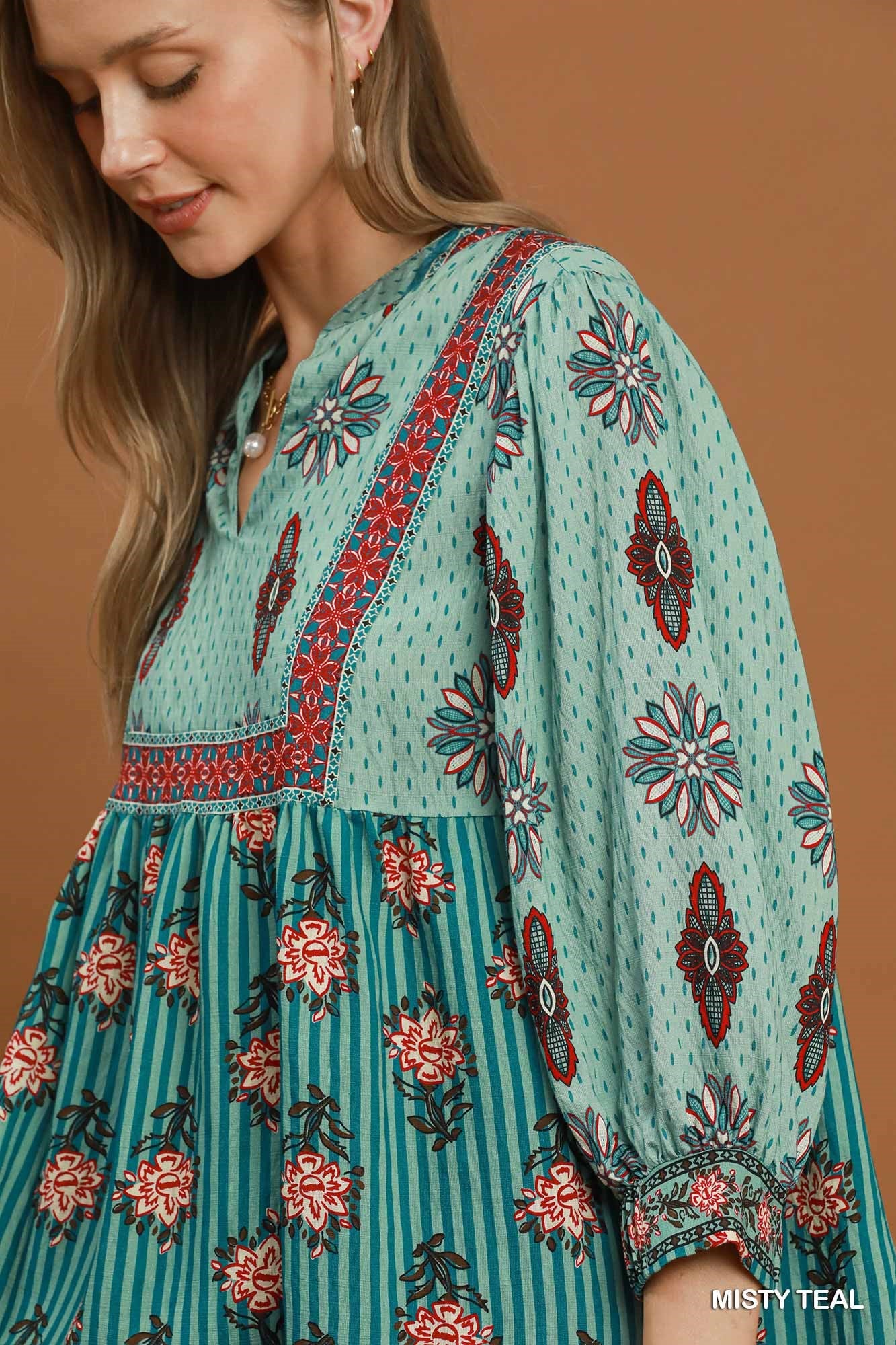 Mixed Floral Border Print Babydoll Blouse