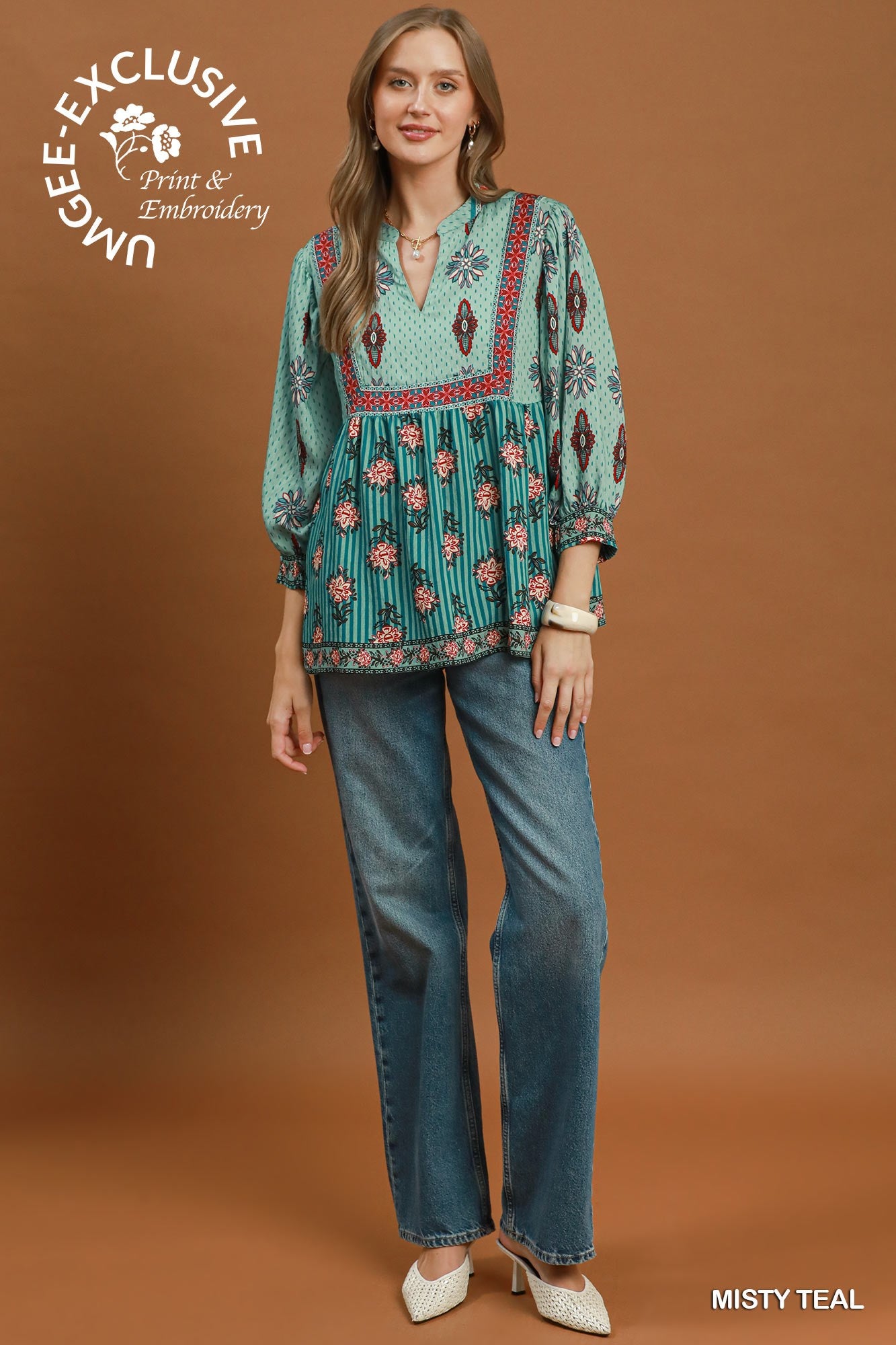 Mixed Floral Border Print Babydoll Blouse