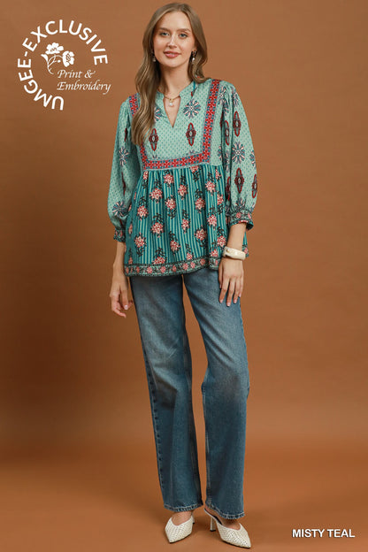 Mixed Floral Border Print Babydoll Blouse
