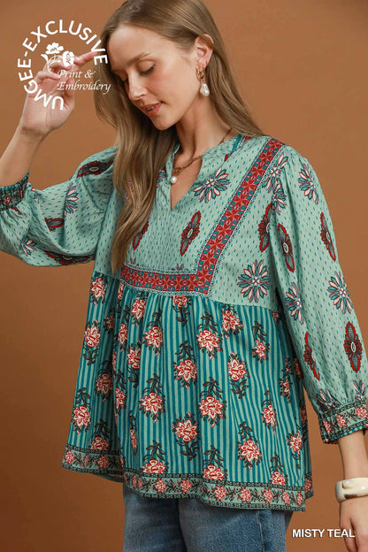 Mixed Floral Border Print Babydoll Blouse